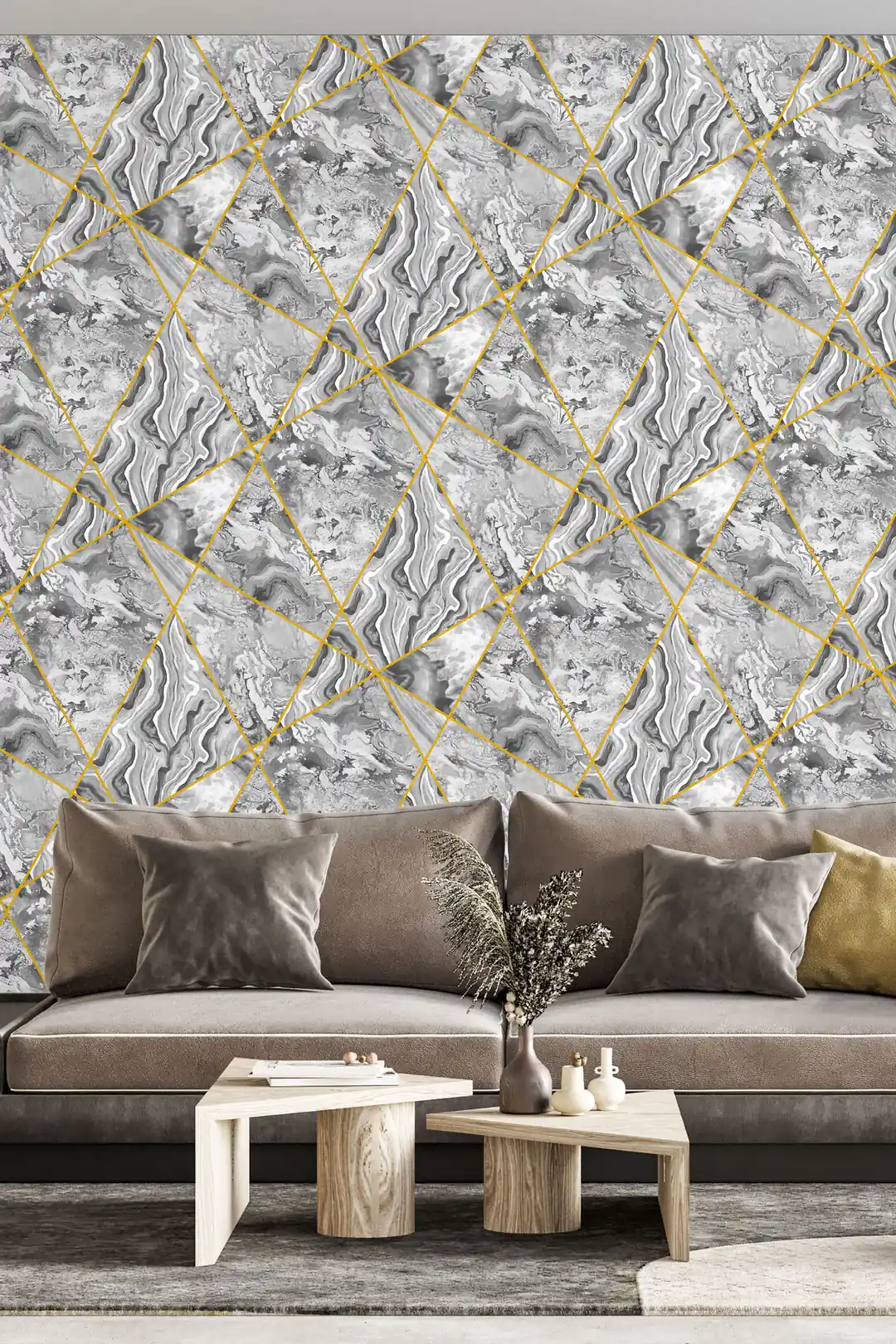 Grey marble panels wallpaper with gold lines installed in a living room with grey upholstered sofa