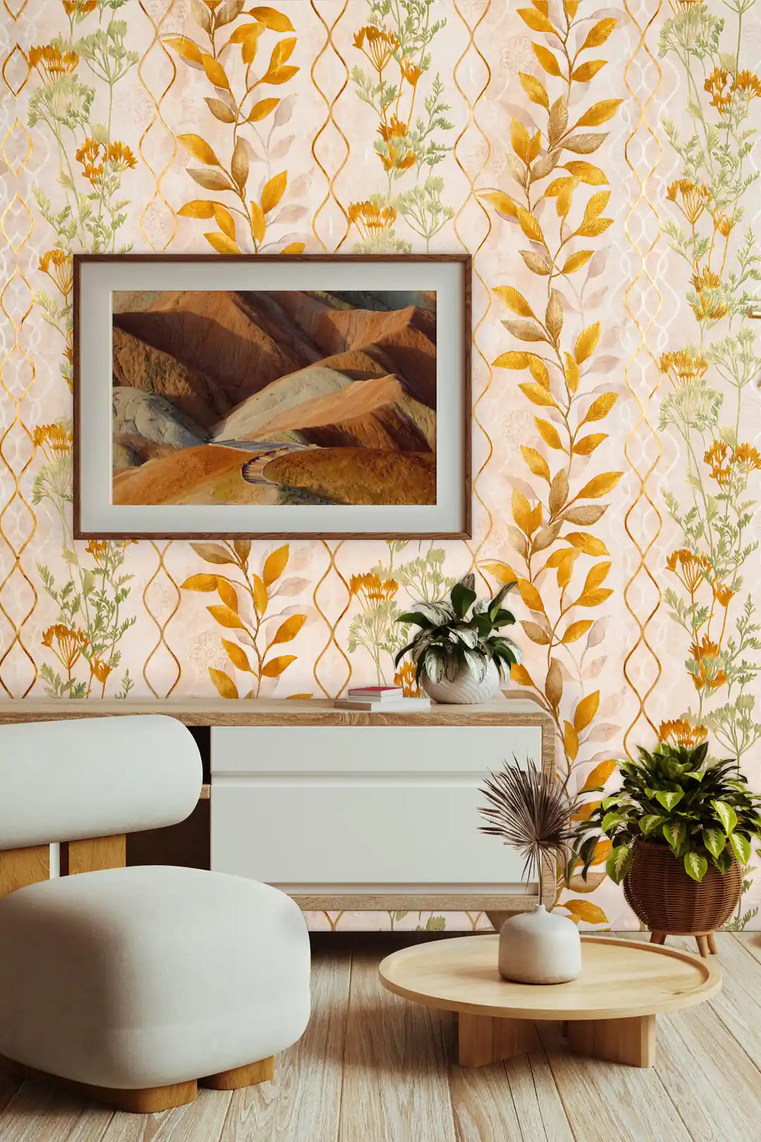 Golden fern trellis wallpaper installed in a living room with white furniture, framed landscape painting, and round wooden table