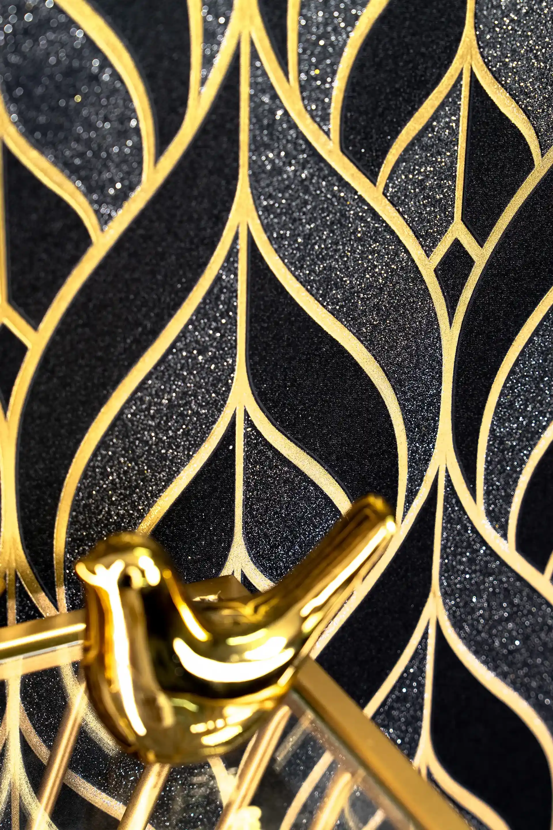 Black and Gold leaf Pattern for Wall with Sparkle Glitters