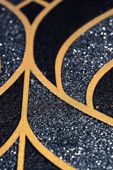 Extreme close-up of black wallpaper with gold leaf outline pattern showing glitter accent detail