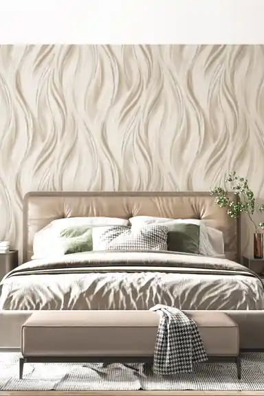 Pearl silk wave wallpaper with silver glitter lines installed in a modern bedroom with upholstered bed and green accent pillows