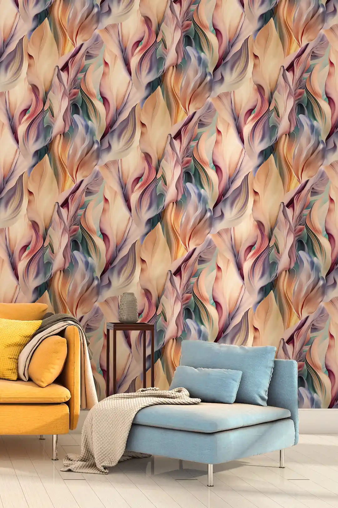 Room scene of flowing multicolored feather wallpaper with mustard and blue seating in a modern space