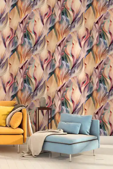 Room scene of flowing multicolored feather wallpaper with mustard and blue seating in a modern space