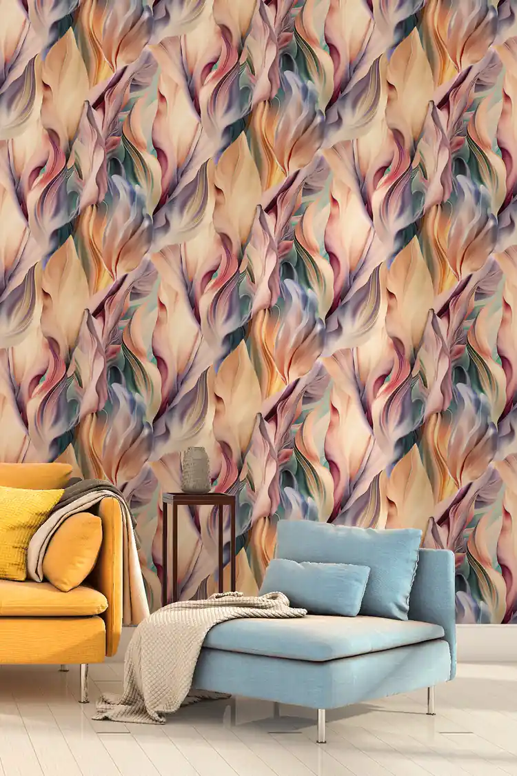 Room scene of flowing multicolored feather wallpaper with mustard and blue seating in a modern space