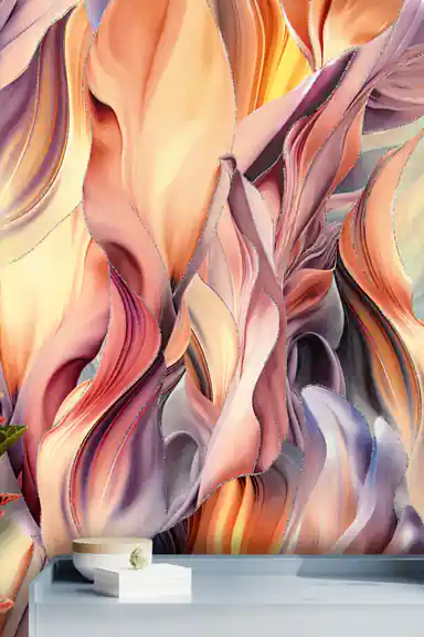 Close-up of flowing warm-toned feather wallpaper installed on wall above a grey shelf with decor