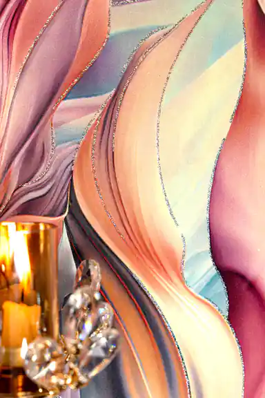 Detail of rainbow feather wallpaper with silver glitter accent line and crystal ornament with candle