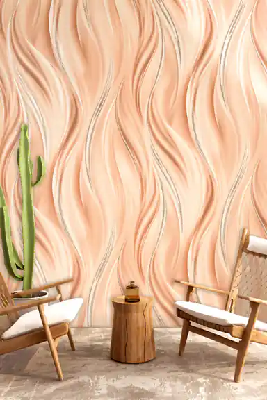 Peach silk wave wallpaper installed in a sitting area with wooden chairs, round table, and cactus plant