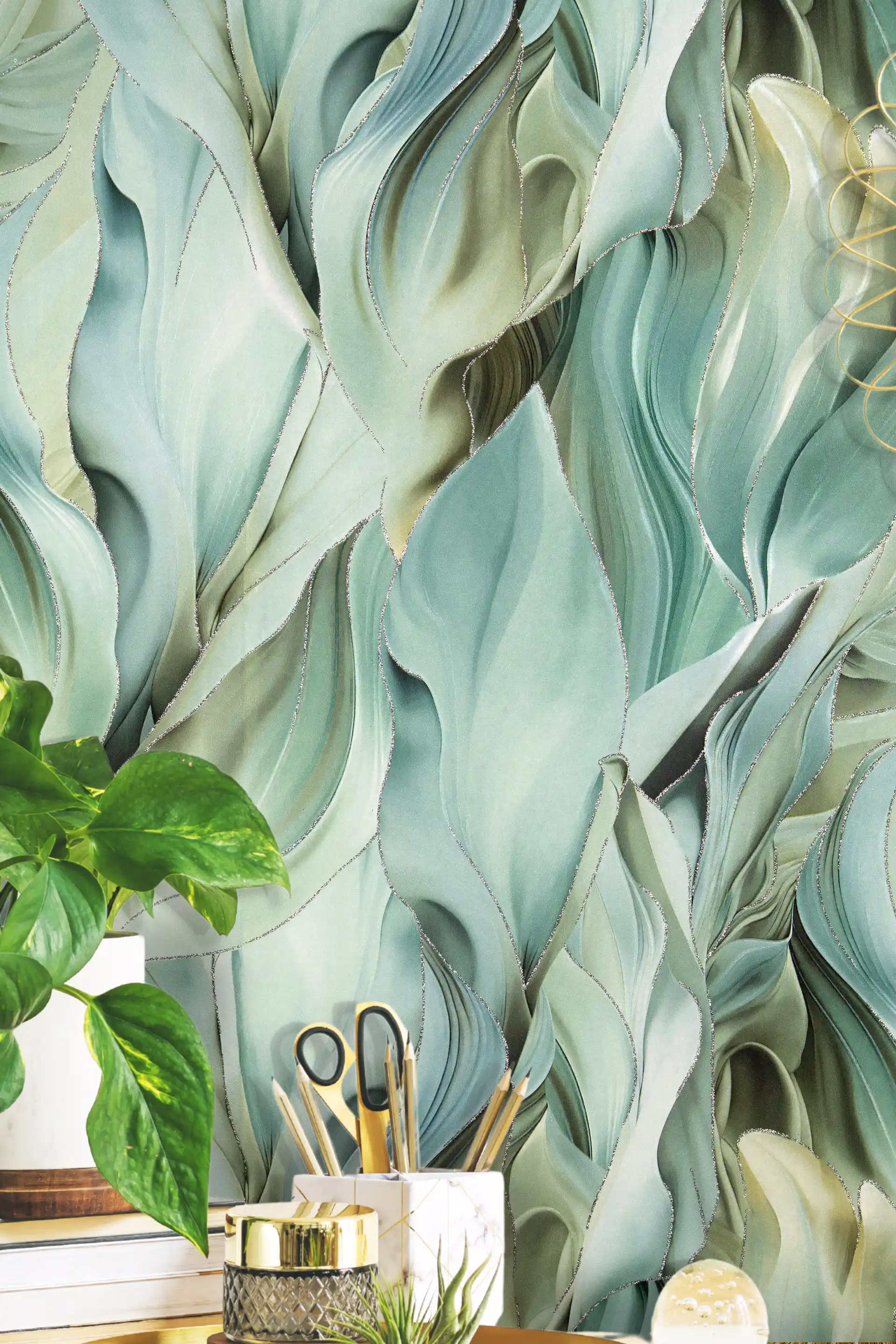 Sage Flowing Tropical Leaf Wallpaper for Walls with Silver Glitters