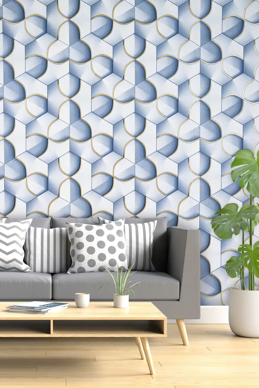 Living room scene with blue hexagon petal wallpaper behind a grey sofa and wooden coffee table