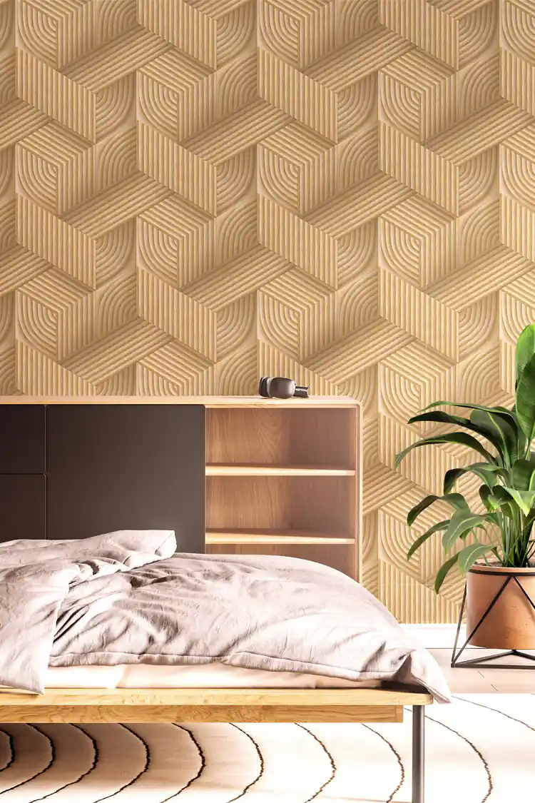 Bedroom scene with beige wood grain hexagon wallpaper behind a low platform bed and indoor plant