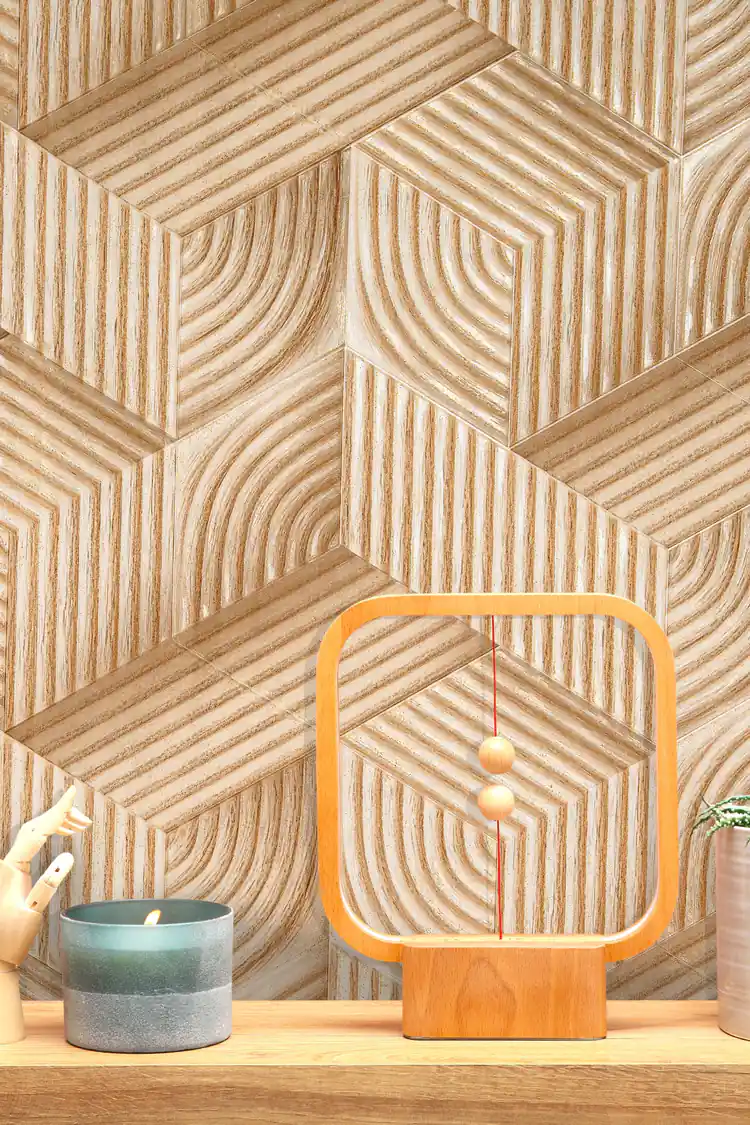 Styled shelf view of 3D wood grain hexagon pattern wallpaper with a decorative wooden lamp