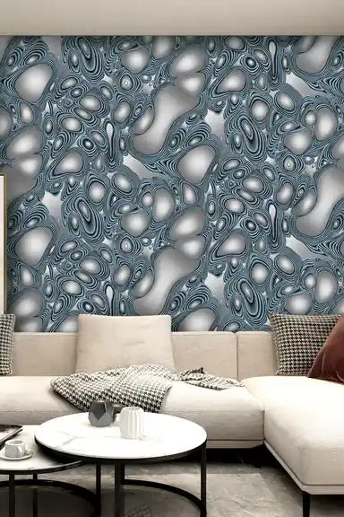 Modern living room with blue abstract molten steel wallpaper behind a cream sectional sofa