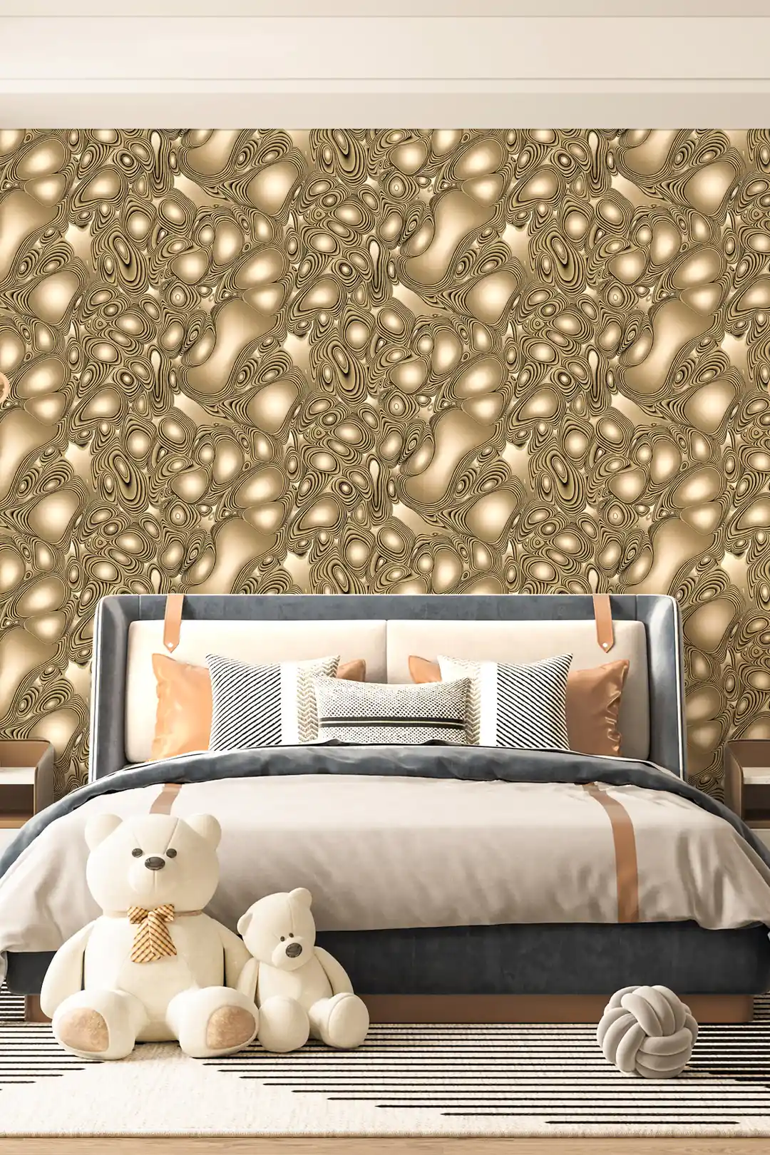 Bedroom scene with bronze molten metal wallpaper behind a blue upholstered bed with plush toys