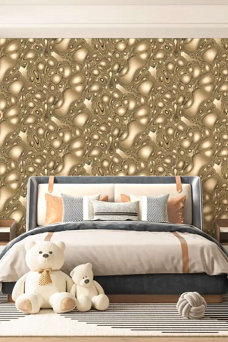 Bedroom scene with bronze molten metal wallpaper behind a blue upholstered bed with plush toys
