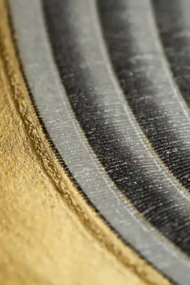 Texture detail of grey ribbed lines meeting gold metallic accents in the maze wallpaper pattern