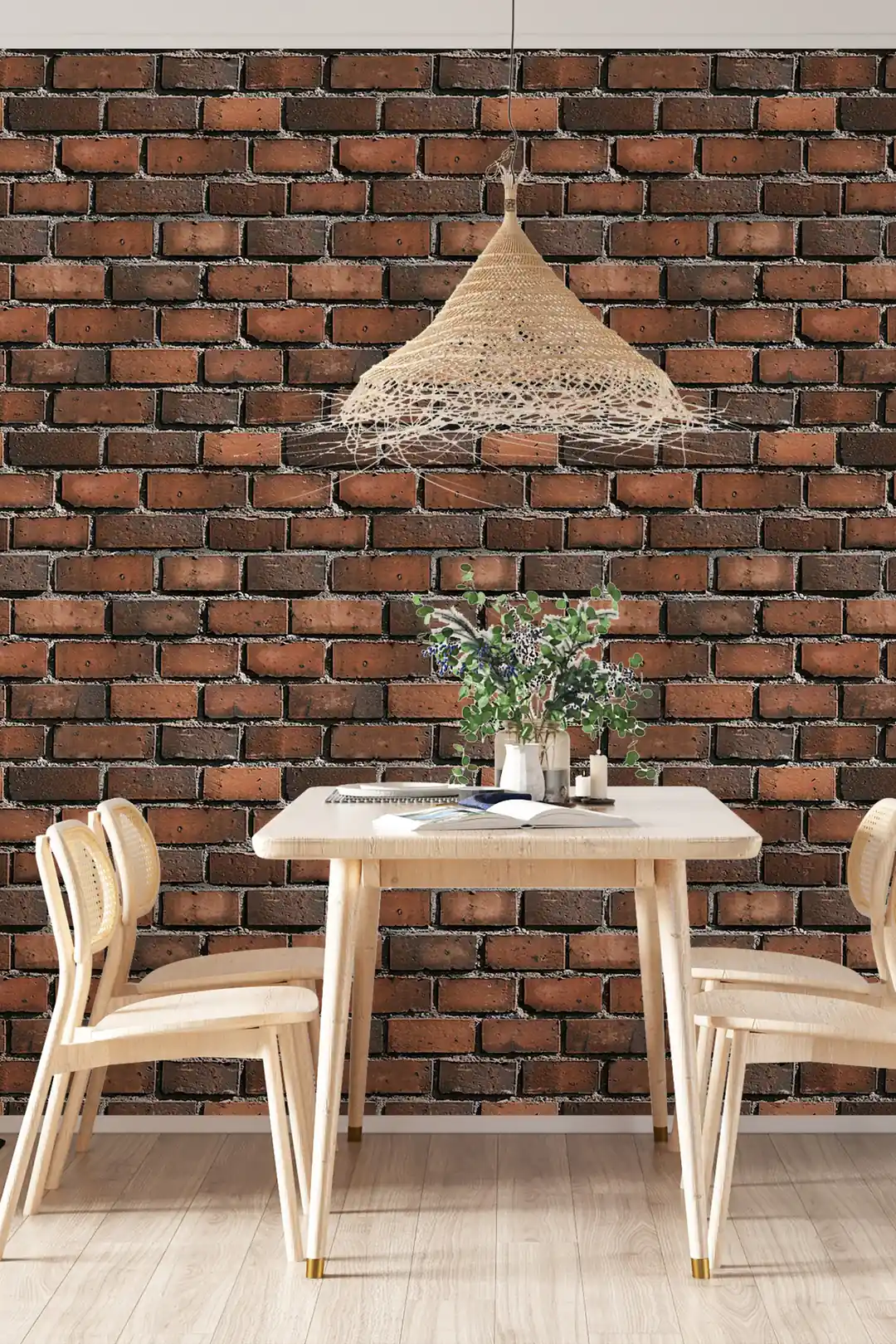 Dining room scene with red brick wallpaper behind a wooden table, chairs, and woven pendant lamp