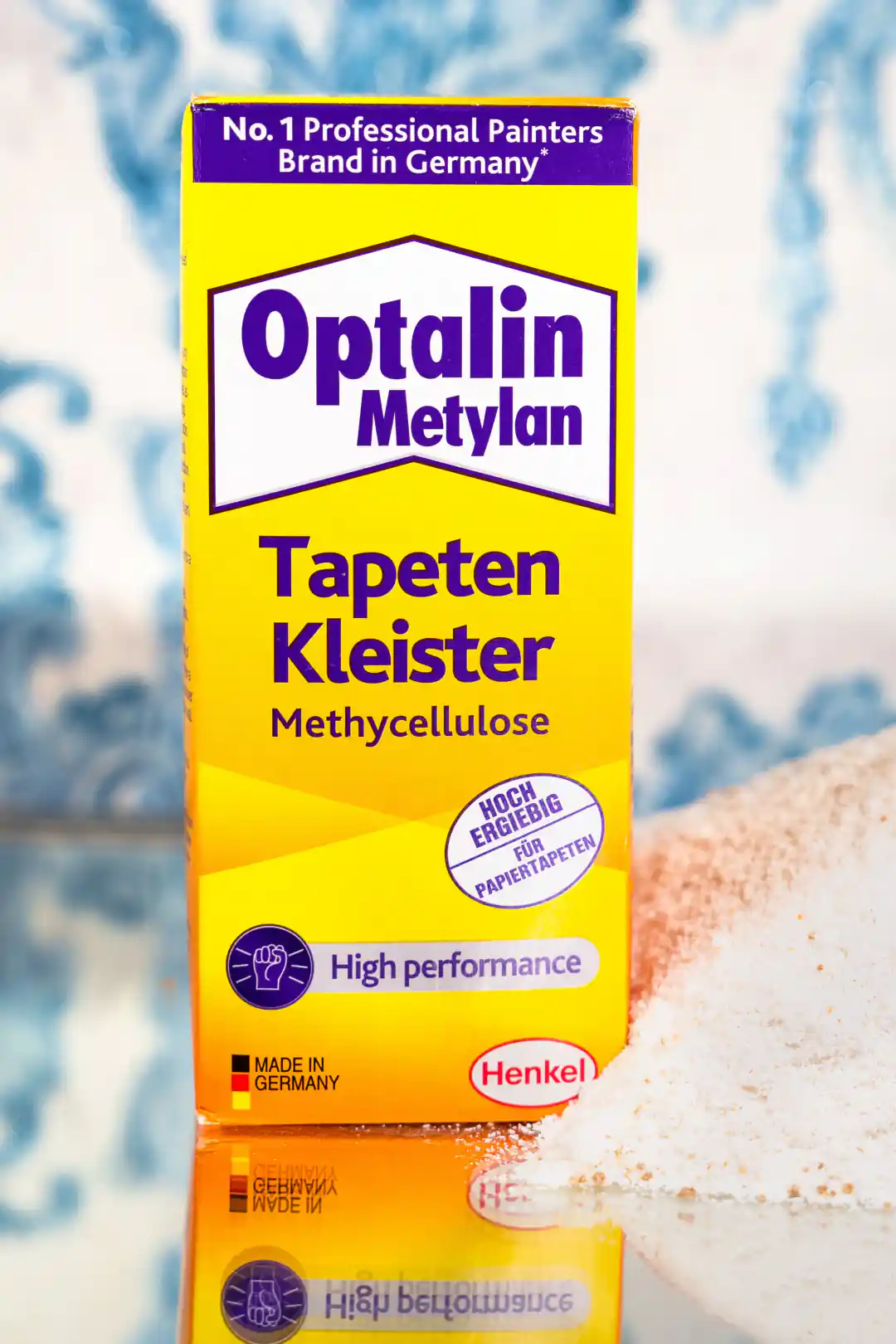 Optalin Metylan methylcellulose wallpaper glue box by Henkel in yellow packaging, made in Germany