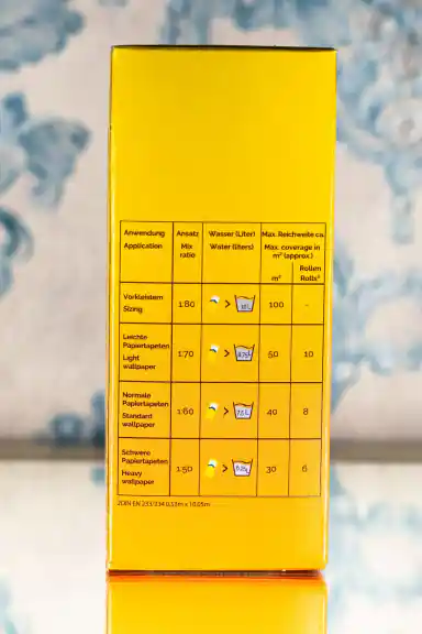Back of wallpaper glue box showing mix ratio chart for sizing, light, standard, and heavy wallpaper