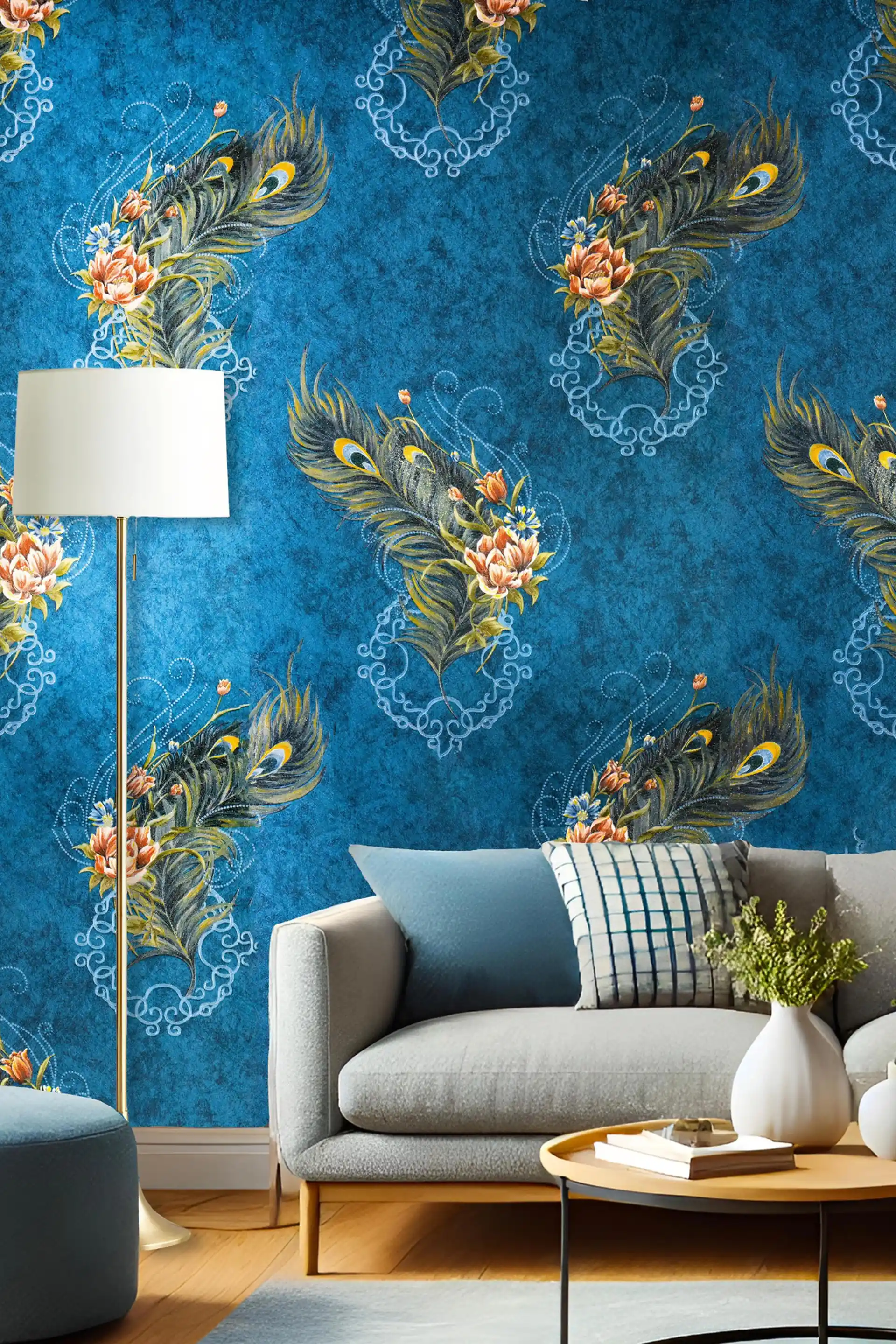 Teal peacock feather wallpaper roll showing embossed floral and feather design with glitter detail