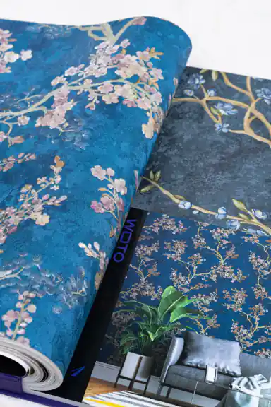 Open WOTO 1 book showing blue floral cherry blossom wallpaper samples with room scene photos