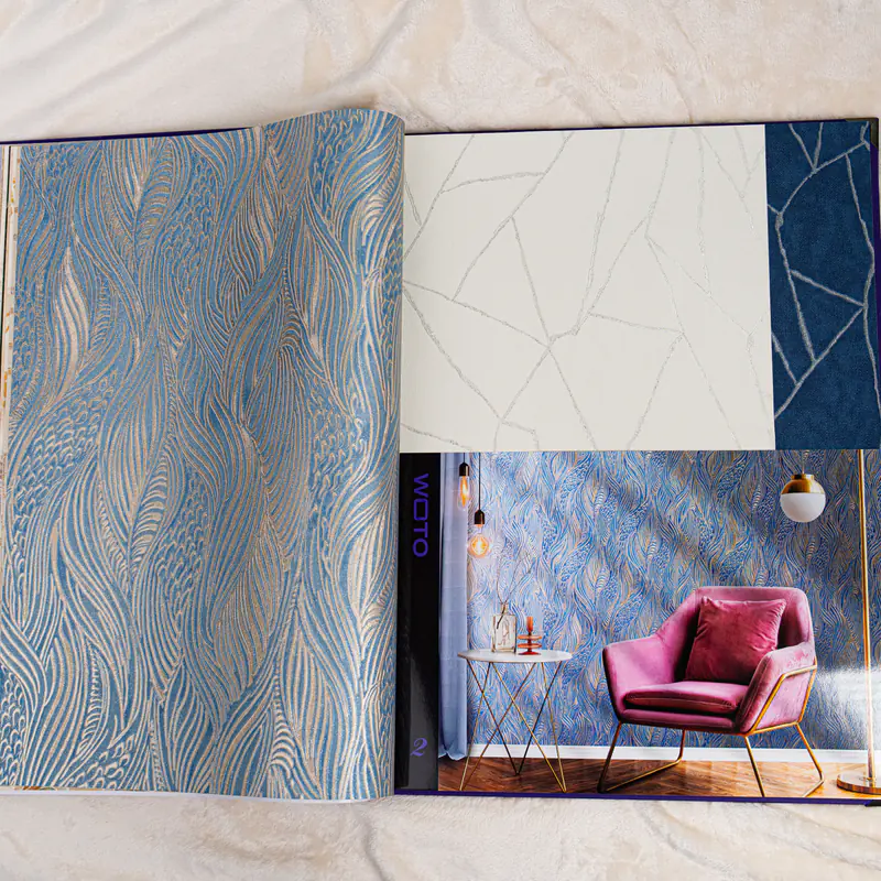 Wallpaper catalog showing room visualization with real texture sample